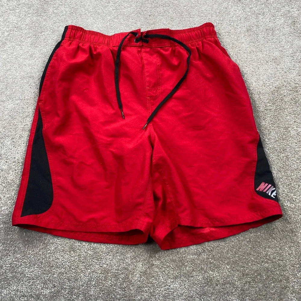 Nike Swim Trunks Mens Large Red Black Mesh Lined Board Shorts